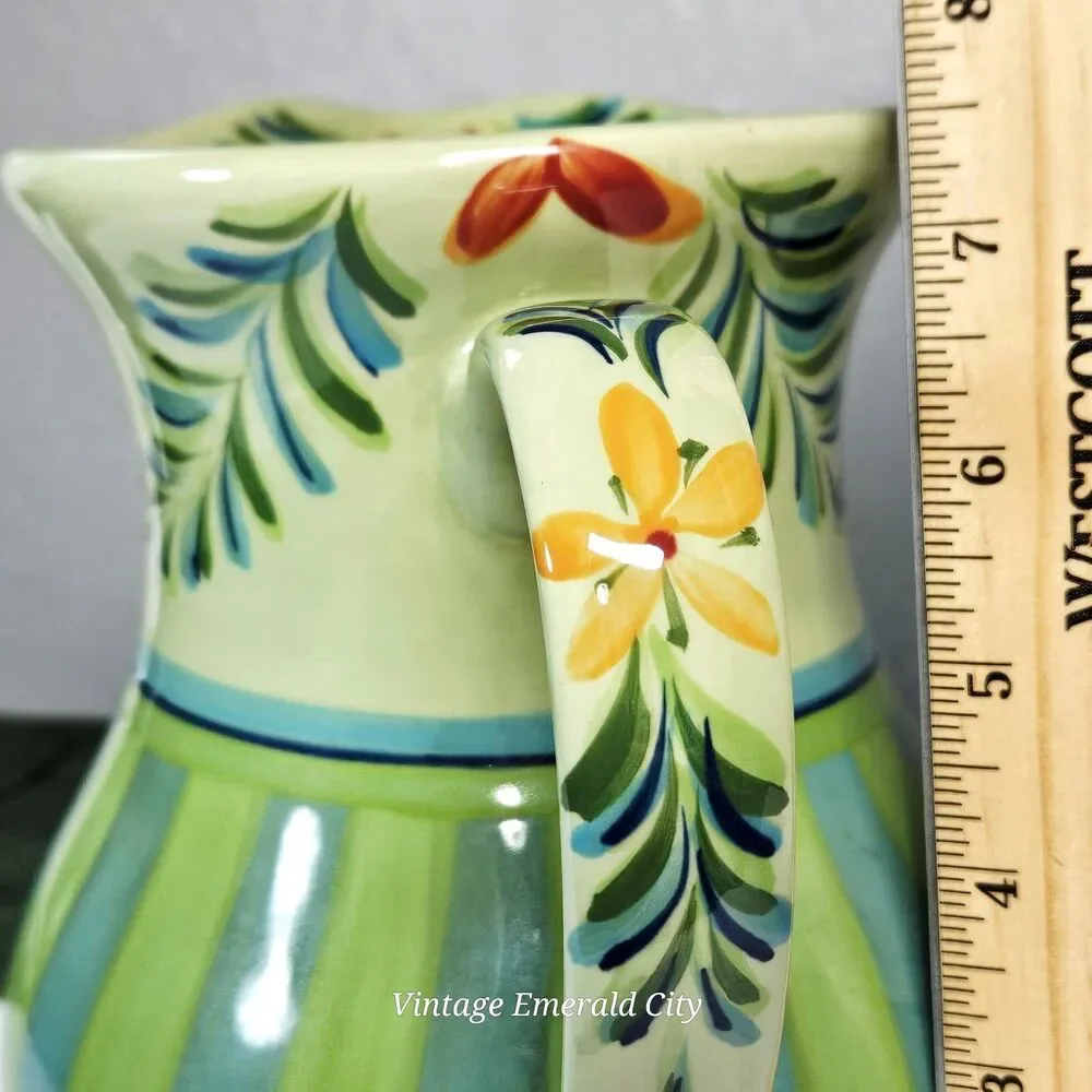 Vtg Large Provence Gail Pittman Water Pitcher Jug Flowers Green & Blue Stripes